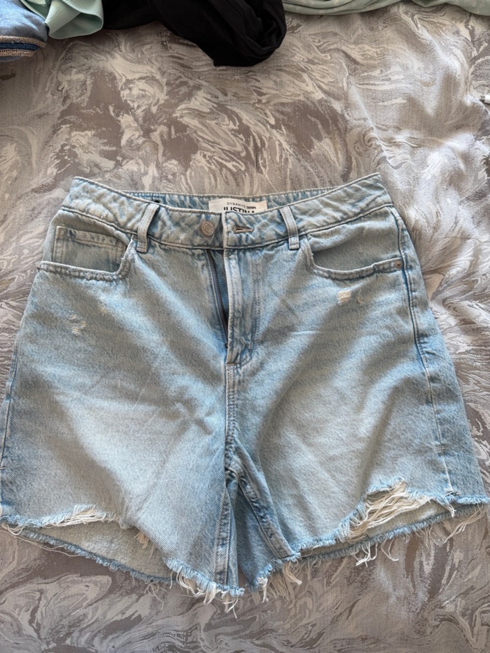 Dynamite Light Blue High-Rise Distressed Denim Shorts